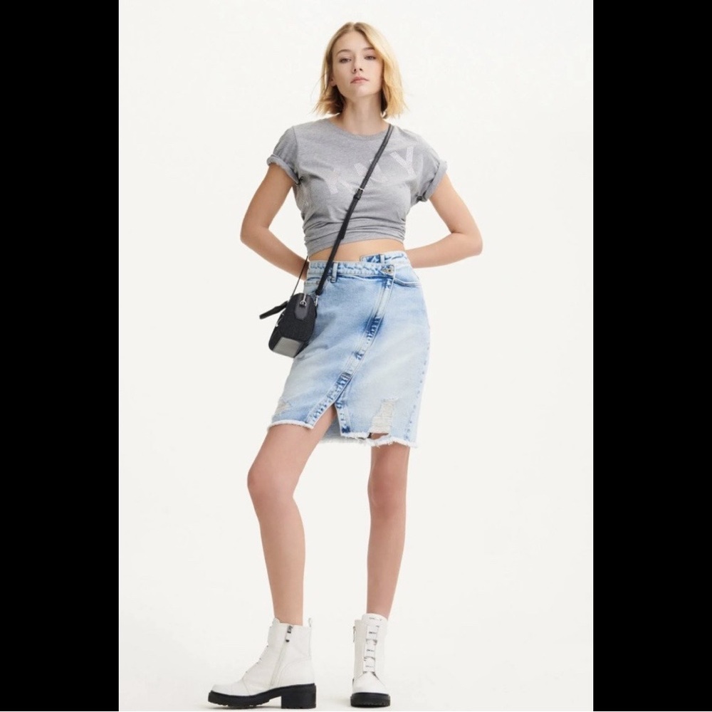 DKNY Crisscross Waist Denim Mini Skirt